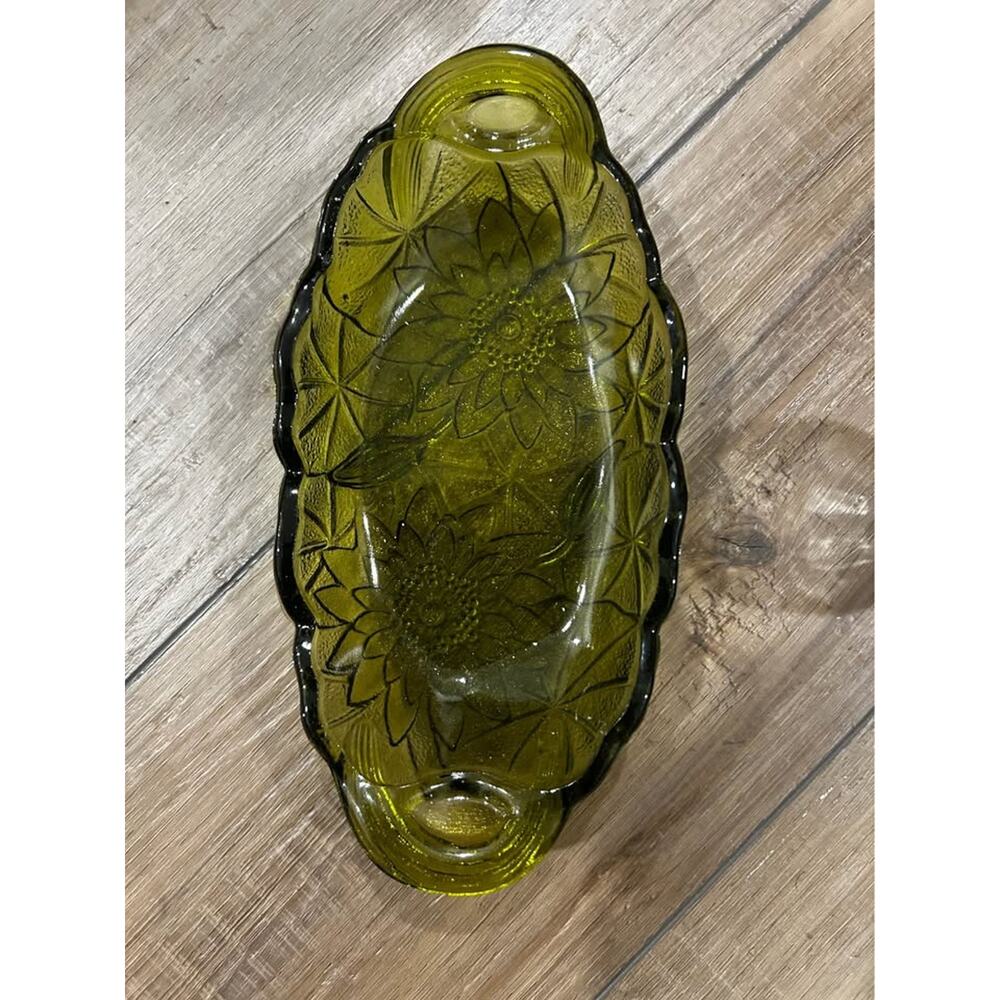 Vintage Olive Green Sunflower Glass Relish Dish Indiana
